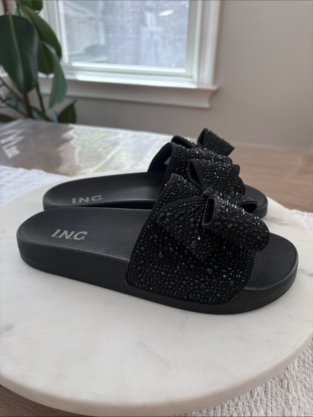 INC International Concepts Black Embellished Bow Slide Sandals - Picture 5 of 11